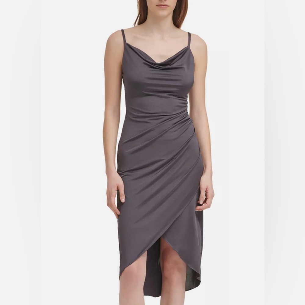 Guess Asymmetrical Cowl Neck Charcoal Dress Rushed Straps